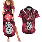 Personalised Maori Matariki Manaia Whero Couples Matching Summer Maxi Dress and Hawaiian Shirt Maori Kowhaiwhai Pattern Galaxy