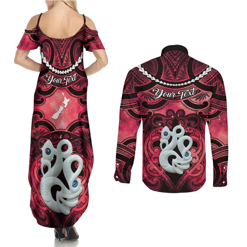 Personalised Maori Matariki Manaia Whero Couples Matching Summer Maxi Dress and Long Sleeve Button Shirt Maori Kowhaiwhai Pattern Galaxy