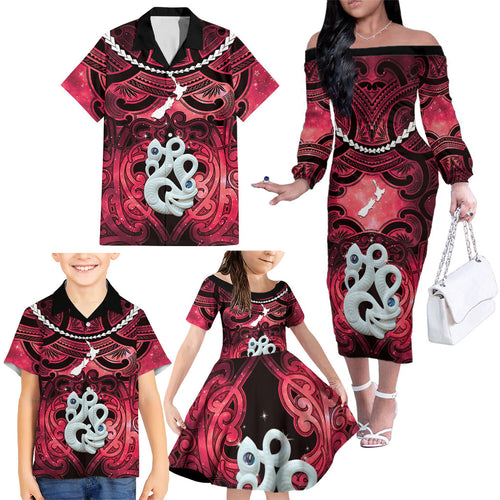 Personalised Maori Matariki Manaia Whero Family Matching Off The Shoulder Long Sleeve Dress and Hawaiian Shirt Maori Kowhaiwhai Pattern Galaxy