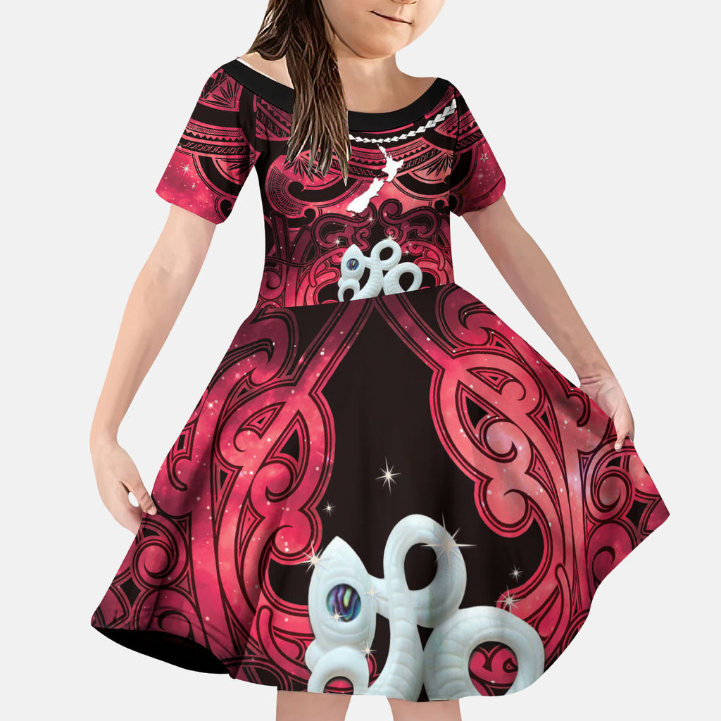 Personalised Maori Matariki Manaia Whero Kid Short Sleeve Dress Maori Kowhaiwhai Pattern Galaxy
