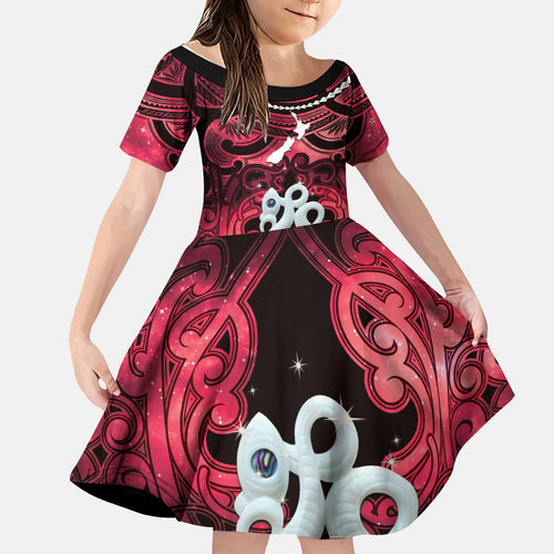 Personalised Maori Matariki Manaia Whero Kid Short Sleeve Dress Maori Kowhaiwhai Pattern Galaxy