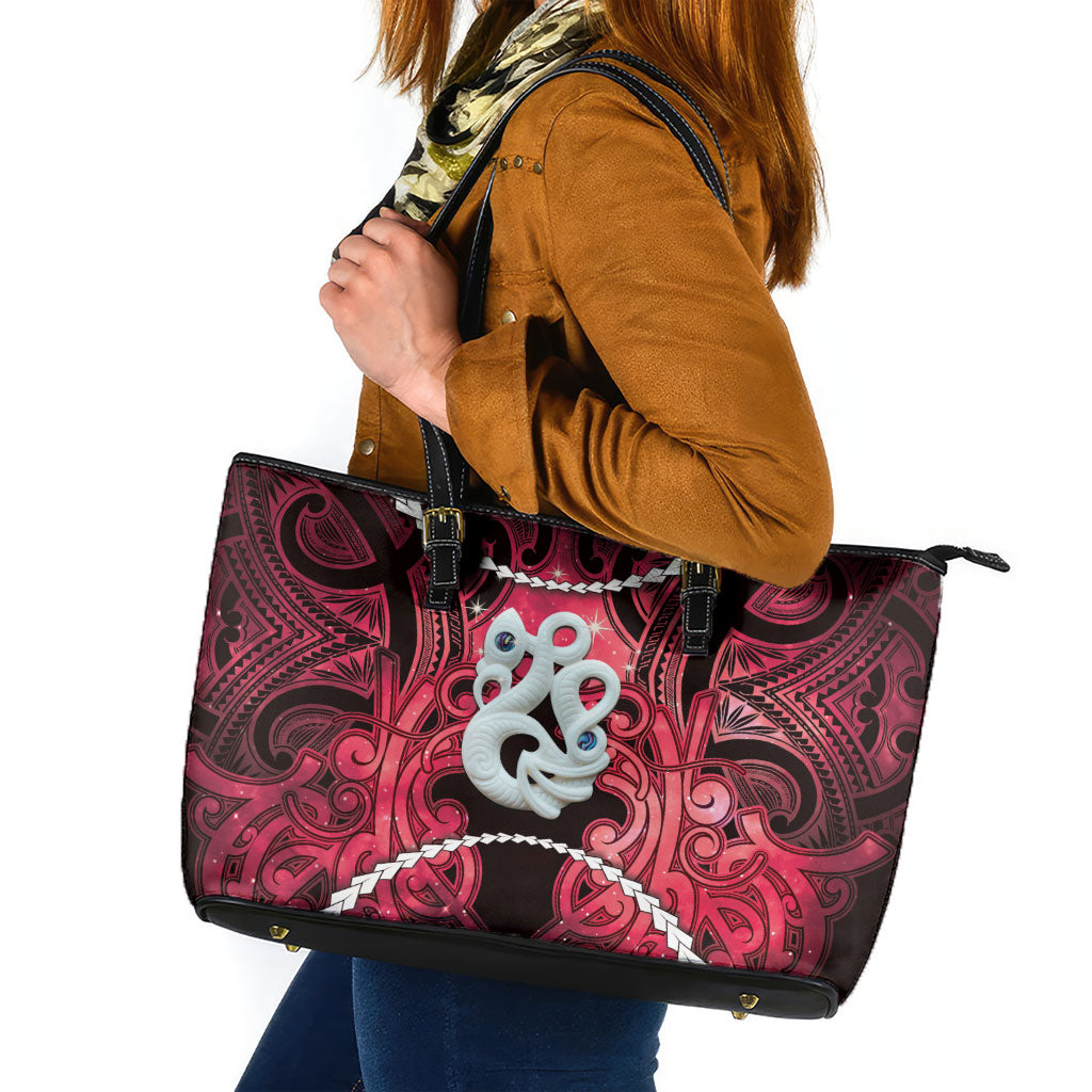 Maori Matariki Manaia Whero Leather Tote Bag Maori Kowhaiwhai Pattern Galaxy