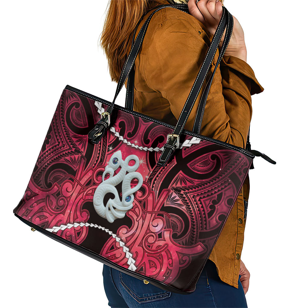 Maori Matariki Manaia Whero Leather Tote Bag Maori Kowhaiwhai Pattern Galaxy