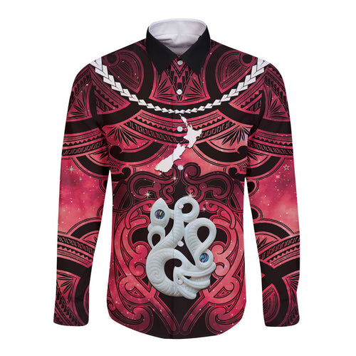 Personalised Maori Matariki Manaia Whero Long Sleeve Button Shirt Maori Kowhaiwhai Pattern Galaxy