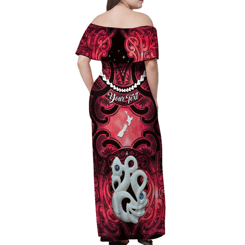 Personalised Maori Matariki Manaia Whero Off Shoulder Maxi Dress Maori Kowhaiwhai Pattern Galaxy