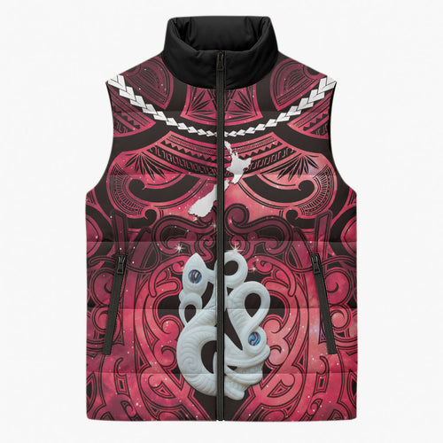 Personalised Maori Matariki Manaia Whero Sleeveless Puffer Jacket Maori Kowhaiwhai Pattern Galaxy