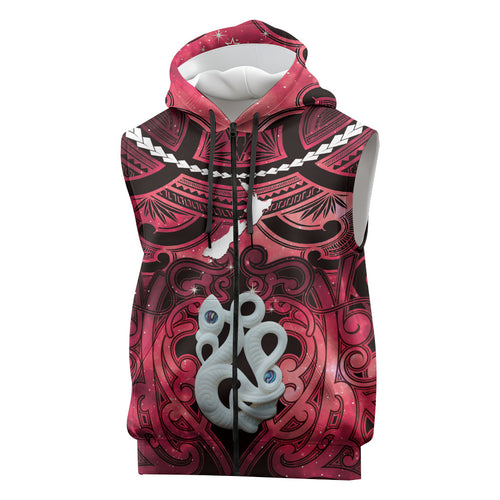 Personalised Maori Matariki Manaia Whero Sleeveless Zip Hoodie Maori Kowhaiwhai Pattern Galaxy