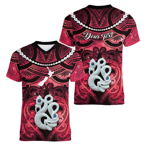 Personalised Maori Matariki Manaia Whero Women V-Neck T-Shirt Maori Kowhaiwhai Pattern Galaxy
