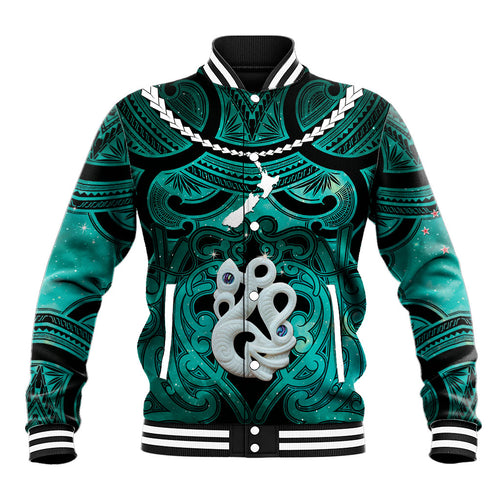 Personalised Maori Matariki Manaia Turquoise Baseball Jacket Maori Kowhaiwhai Pattern Galaxy