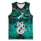 Personalised Maori Matariki Manaia Turquoise Basketball Jersey Maori Kowhaiwhai Pattern Galaxy