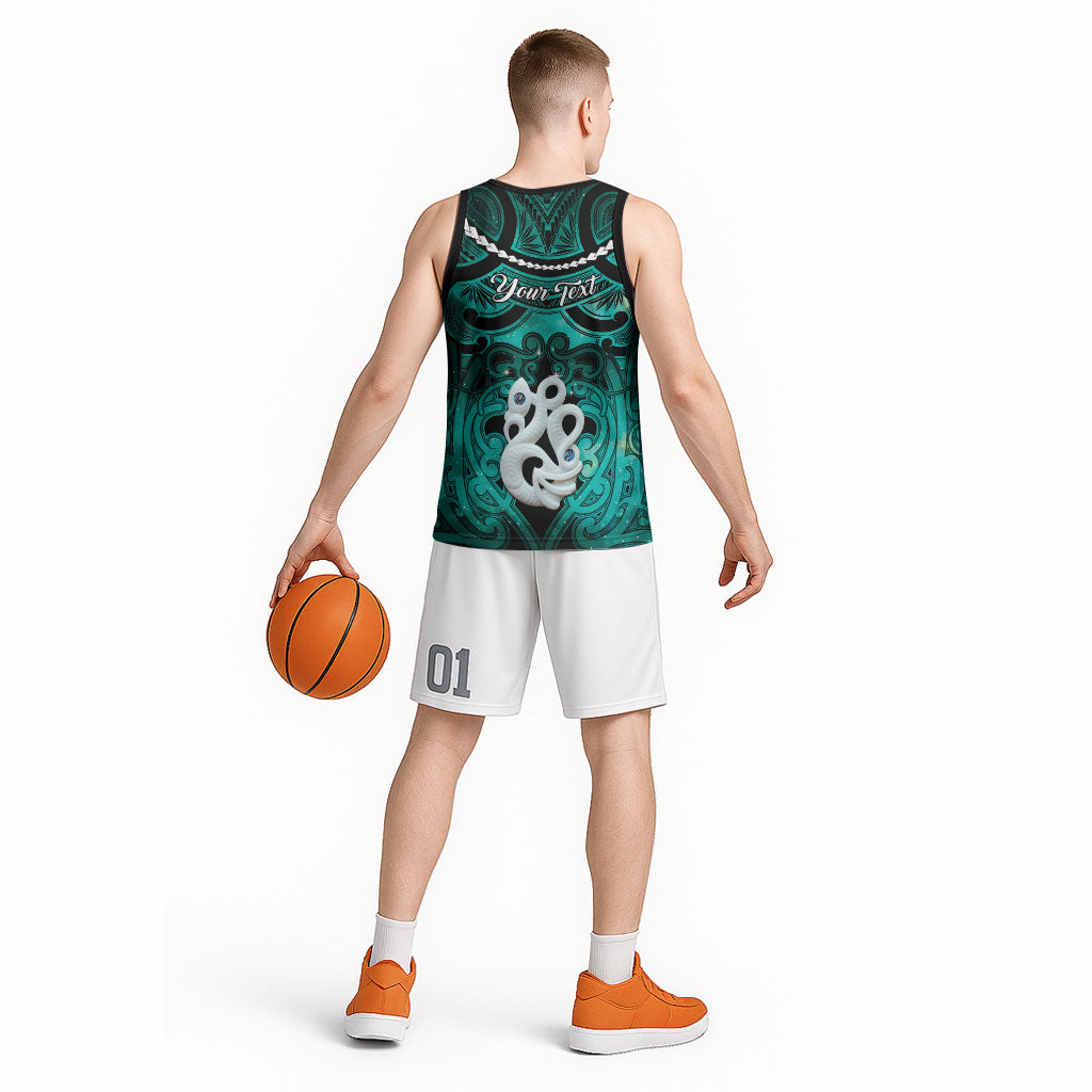 Personalised Maori Matariki Manaia Turquoise Basketball Jersey Maori Kowhaiwhai Pattern Galaxy