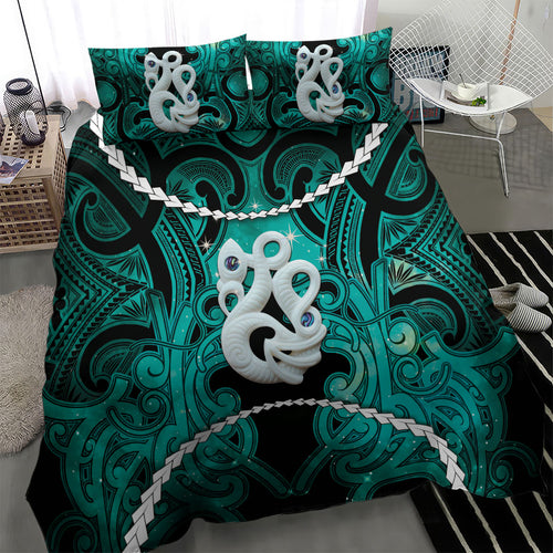 Maori Matariki Manaia Turquoise Bedding Set Maori Kowhaiwhai Pattern Galaxy