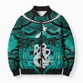 Personalised Maori Matariki Manaia Turquoise Bomber Puffer Jacket Maori Kowhaiwhai Pattern Galaxy