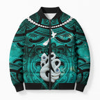 Personalised Maori Matariki Manaia Turquoise Bomber Puffer Jacket Maori Kowhaiwhai Pattern Galaxy