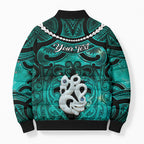 Personalised Maori Matariki Manaia Turquoise Bomber Puffer Jacket Maori Kowhaiwhai Pattern Galaxy