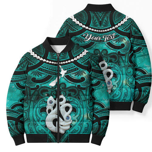 Personalised Maori Matariki Manaia Turquoise Bomber Puffer Jacket Maori Kowhaiwhai Pattern Galaxy