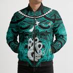 Personalised Maori Matariki Manaia Turquoise Bomber Puffer Jacket Maori Kowhaiwhai Pattern Galaxy