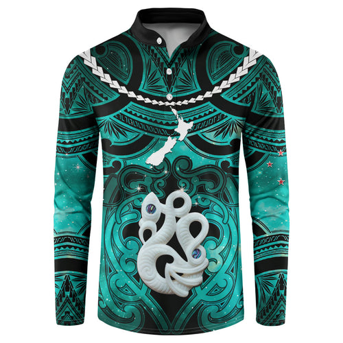 Personalised Maori Matariki Manaia Turquoise Button Sweatshirt Maori Kowhaiwhai Pattern Galaxy