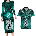 Personalised Maori Matariki Manaia Turquoise Couples Matching Long Sleeve Bodycon Dress and Hawaiian Shirt Maori Kowhaiwhai Pattern Galaxy