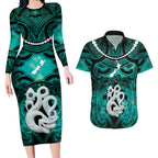Personalised Maori Matariki Manaia Turquoise Couples Matching Long Sleeve Bodycon Dress and Hawaiian Shirt Maori Kowhaiwhai Pattern Galaxy