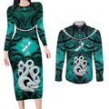 Personalised Maori Matariki Manaia Turquoise Couples Matching Long Sleeve Bodycon Dress and Long Sleeve Button Shirt Maori Kowhaiwhai Pattern Galaxy