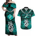 Personalised Maori Matariki Manaia Turquoise Couples Matching Off Shoulder Maxi Dress and Hawaiian Shirt Maori Kowhaiwhai Pattern Galaxy