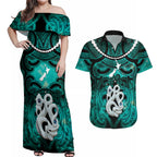 Personalised Maori Matariki Manaia Turquoise Couples Matching Off Shoulder Maxi Dress and Hawaiian Shirt Maori Kowhaiwhai Pattern Galaxy