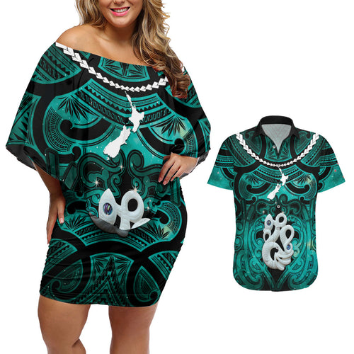 Personalised Maori Matariki Manaia Turquoise Couples Matching Off Shoulder Short Dress and Hawaiian Shirt Maori Kowhaiwhai Pattern Galaxy