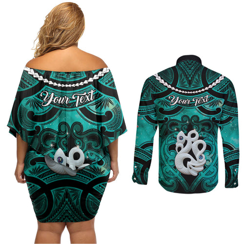 Personalised Maori Matariki Manaia Turquoise Couples Matching Off Shoulder Short Dress and Long Sleeve Button Shirt Maori Kowhaiwhai Pattern Galaxy