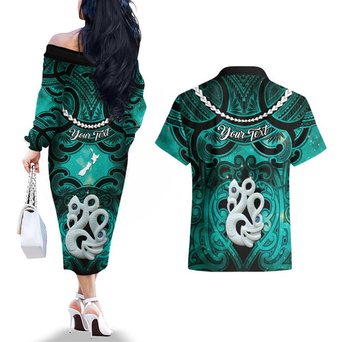 Personalised Maori Matariki Manaia Turquoise Couples Matching Off The Shoulder Long Sleeve Dress and Hawaiian Shirt Maori Kowhaiwhai Pattern Galaxy