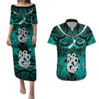 Personalised Maori Matariki Manaia Turquoise Couples Matching Puletasi and Hawaiian Shirt Maori Kowhaiwhai Pattern Galaxy