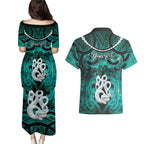 Personalised Maori Matariki Manaia Turquoise Couples Matching Puletasi and Hawaiian Shirt Maori Kowhaiwhai Pattern Galaxy