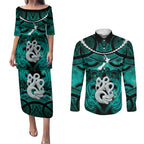 Personalised Maori Matariki Manaia Turquoise Couples Matching Puletasi and Long Sleeve Button Shirt Maori Kowhaiwhai Pattern Galaxy