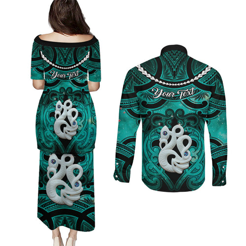 Personalised Maori Matariki Manaia Turquoise Couples Matching Puletasi and Long Sleeve Button Shirt Maori Kowhaiwhai Pattern Galaxy