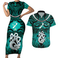 Personalised Maori Matariki Manaia Turquoise Couples Matching Short Sleeve Bodycon Dress and Hawaiian Shirt Maori Kowhaiwhai Pattern Galaxy