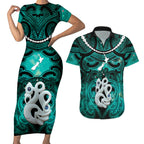 Personalised Maori Matariki Manaia Turquoise Couples Matching Short Sleeve Bodycon Dress and Hawaiian Shirt Maori Kowhaiwhai Pattern Galaxy