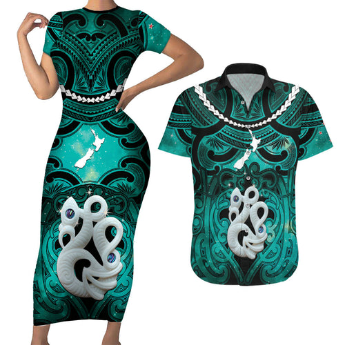 Personalised Maori Matariki Manaia Turquoise Couples Matching Short Sleeve Bodycon Dress and Hawaiian Shirt Maori Kowhaiwhai Pattern Galaxy