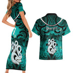Personalised Maori Matariki Manaia Turquoise Couples Matching Short Sleeve Bodycon Dress and Hawaiian Shirt Maori Kowhaiwhai Pattern Galaxy