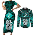 Personalised Maori Matariki Manaia Turquoise Couples Matching Short Sleeve Bodycon Dress and Long Sleeve Button Shirt Maori Kowhaiwhai Pattern Galaxy
