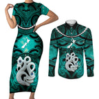 Personalised Maori Matariki Manaia Turquoise Couples Matching Short Sleeve Bodycon Dress and Long Sleeve Button Shirt Maori Kowhaiwhai Pattern Galaxy