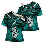 Personalised Maori Matariki Manaia Turquoise Cross Shoulder Shirt Maori Kowhaiwhai Pattern Galaxy