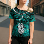 Personalised Maori Matariki Manaia Turquoise Cross Shoulder Shirt Maori Kowhaiwhai Pattern Galaxy