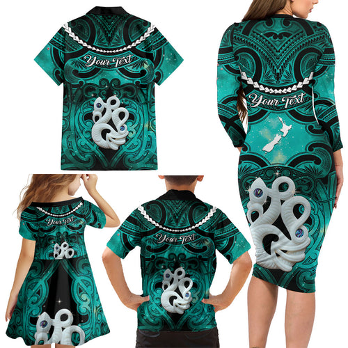 Personalised Maori Matariki Manaia Turquoise Family Matching Long Sleeve Bodycon Dress and Hawaiian Shirt Maori Kowhaiwhai Pattern Galaxy