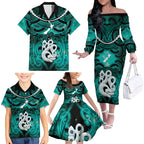 Personalised Maori Matariki Manaia Turquoise Family Matching Off The Shoulder Long Sleeve Dress and Hawaiian Shirt Maori Kowhaiwhai Pattern Galaxy