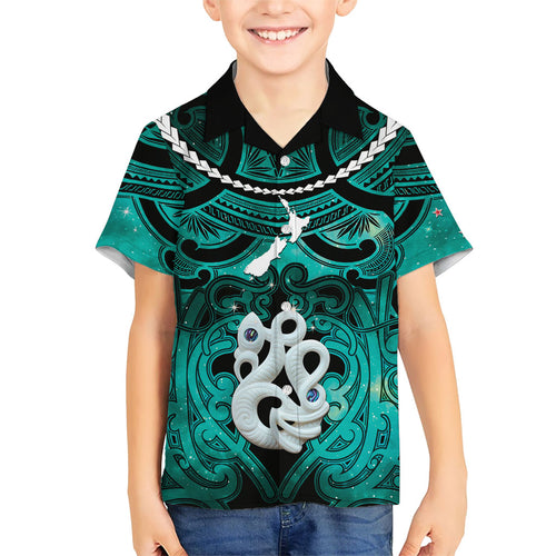 Personalised Maori Matariki Manaia Turquoise Family Matching Off The Shoulder Long Sleeve Dress and Hawaiian Shirt Maori Kowhaiwhai Pattern Galaxy