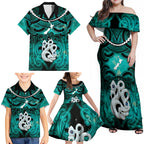 Personalised Maori Matariki Manaia Turquoise Family Matching Off Shoulder Maxi Dress and Hawaiian Shirt Maori Kowhaiwhai Pattern Galaxy