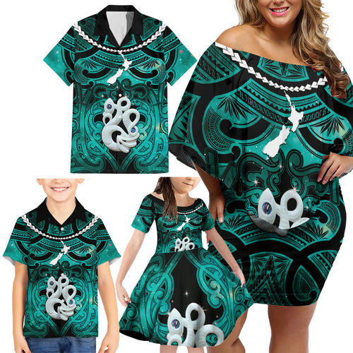 Personalised Maori Matariki Manaia Turquoise Family Matching Off Shoulder Short Dress and Hawaiian Shirt Maori Kowhaiwhai Pattern Galaxy