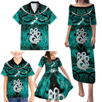 Personalised Maori Matariki Manaia Turquoise Family Matching Puletasi and Hawaiian Shirt Maori Kowhaiwhai Pattern Galaxy