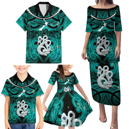Personalised Maori Matariki Manaia Turquoise Family Matching Puletasi and Hawaiian Shirt Maori Kowhaiwhai Pattern Galaxy