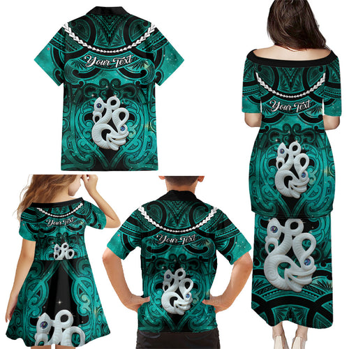 Personalised Maori Matariki Manaia Turquoise Family Matching Puletasi and Hawaiian Shirt Maori Kowhaiwhai Pattern Galaxy